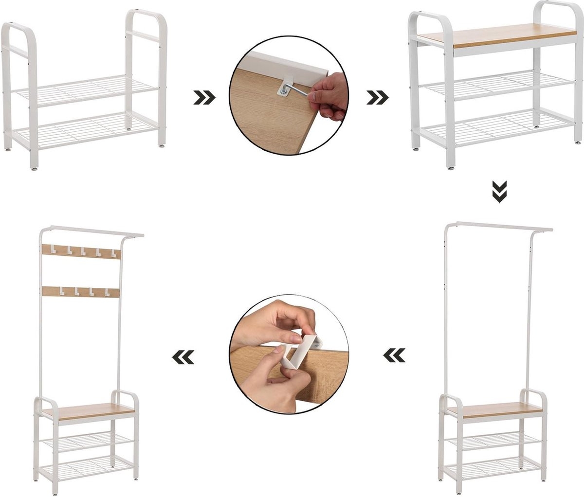 Kapstok, kapstokmeubel met schoenenbank - 9 haken - hoogte 183 cm - crème - wit - HSR40W - Afbeelding 2