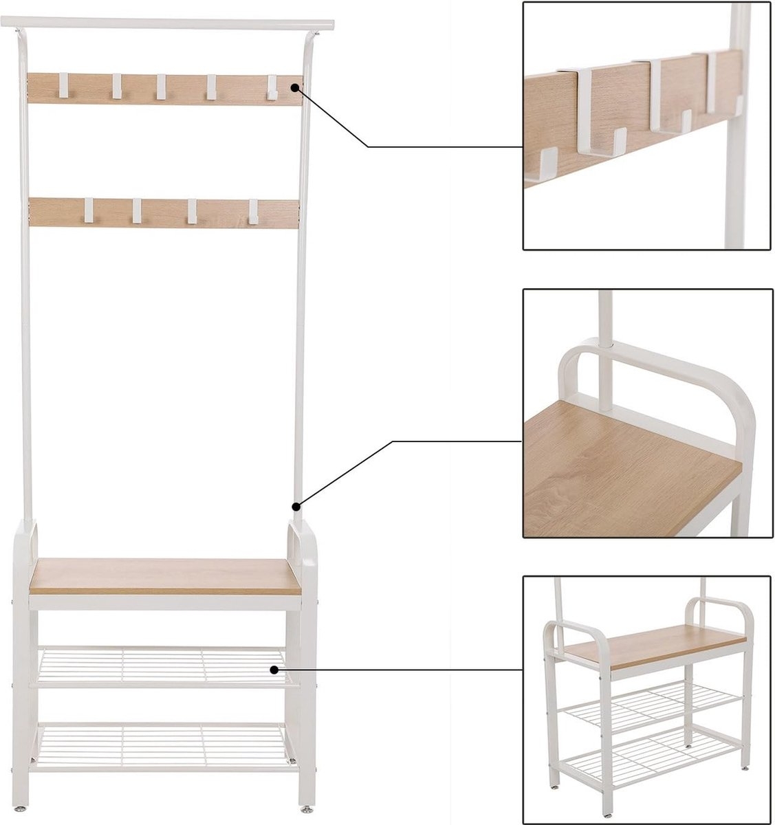 Kapstok, kapstokmeubel met schoenenbank - 9 haken - hoogte 183 cm - crème - wit - HSR40W - Afbeelding 3
