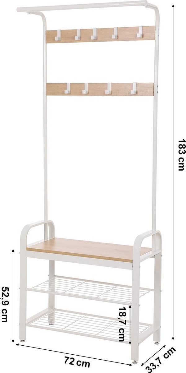 Kapstok, kapstokmeubel met schoenenbank - 9 haken - hoogte 183 cm - crème - wit - HSR40W - Afbeelding 5