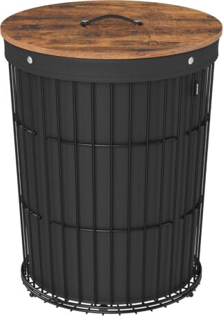 SONGMICS - Wasmand met deksel - ronde - 95 liter - hoogte 61 cm - zwart - LCB160B01