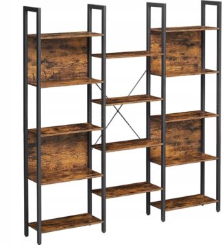 Boekenkast - opbergkast -14 planken - metaal met hout - 158 x 24 x 166 cm - bruin en zwart - LLS107B01