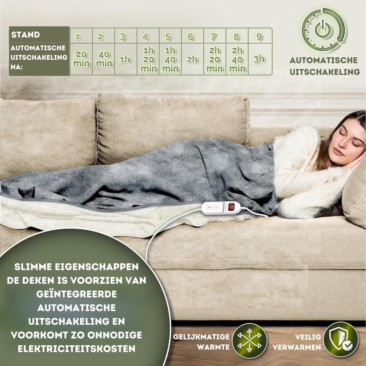 Elektrische deken - verwarmde deken - 200x180 cm - automatische uitschakeling - zwart - 9 temperatuurniveaus - wasbaar - Afbeelding 4