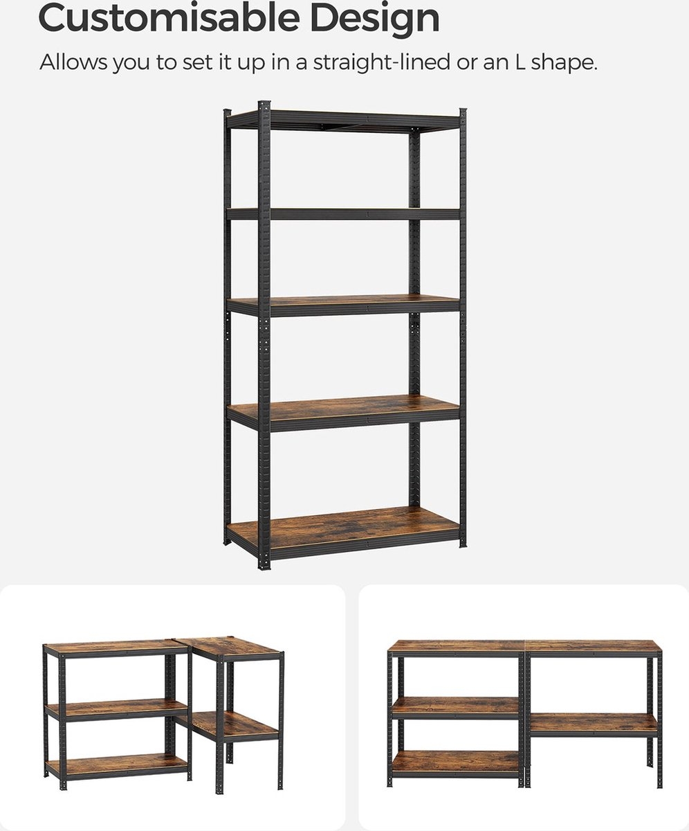 Stellingkast - magazijnrek - opbergrek - 200x100x50 cm - zwart met bruin - metaal en mdf - GLR050B11 - Afbeelding 4