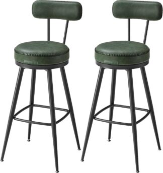 2x Barkruk met draaibare stoel - met rugleuning - metaal met PU leer - 76 cm zithoogte - bosgroen - set van 2 stuks - LBC889C01