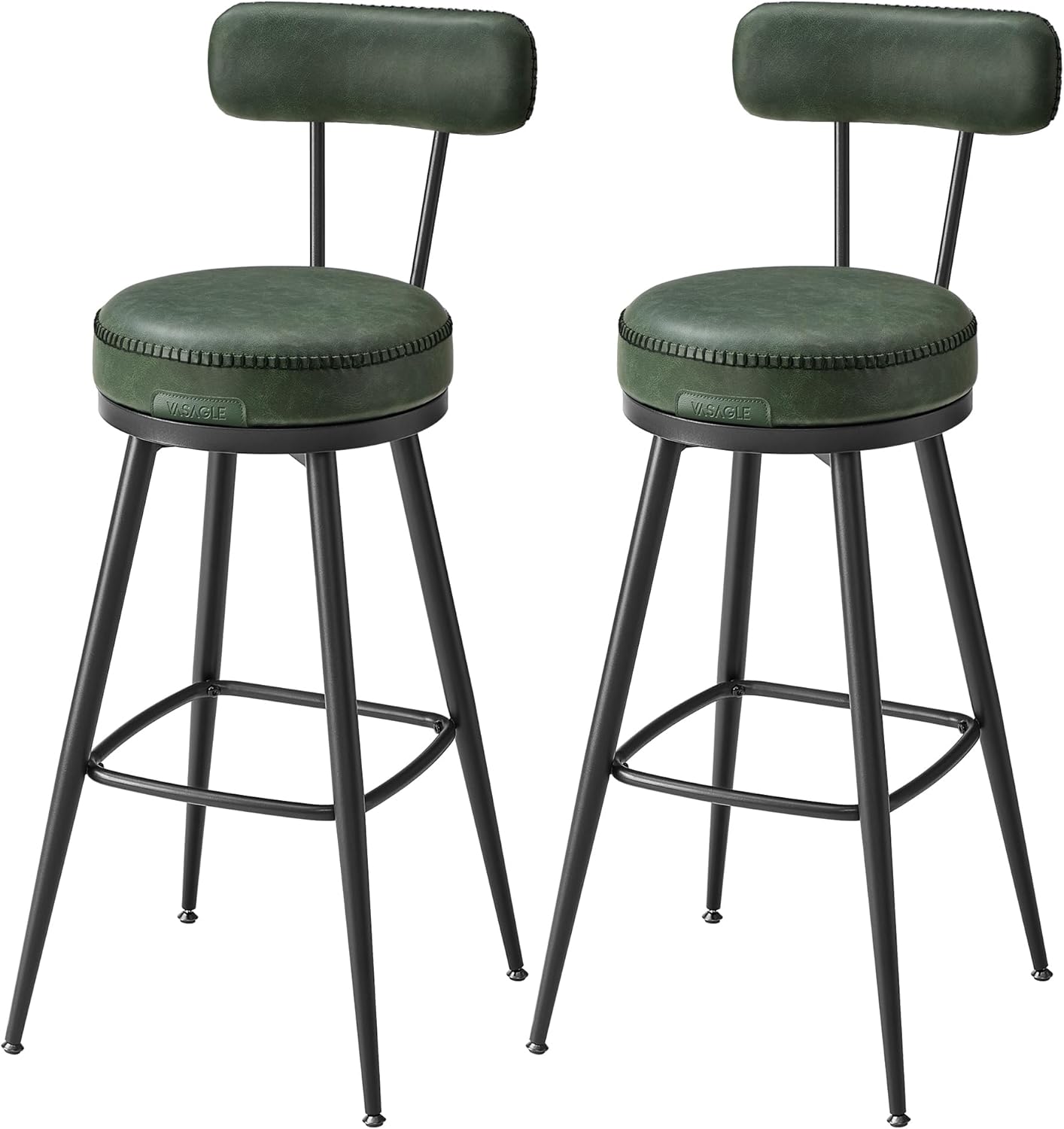 2x Barkruk met draaibare stoel - met rugleuning - metaal met PU leer - 76 cm zithoogte - bosgroen - set van 2 stuks - LBC889C01