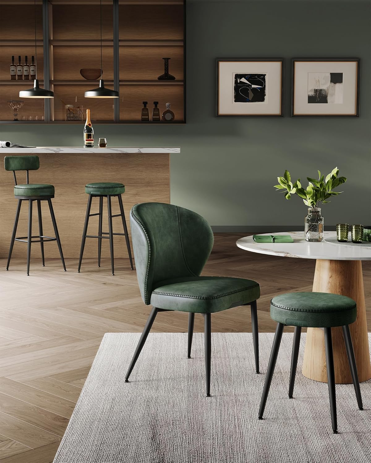 2x Barkruk met draaibare stoel - met rugleuning - metaal met PU leer - 76 cm zithoogte - bosgroen - set van 2 stuks - LBC889C01 - Afbeelding 7