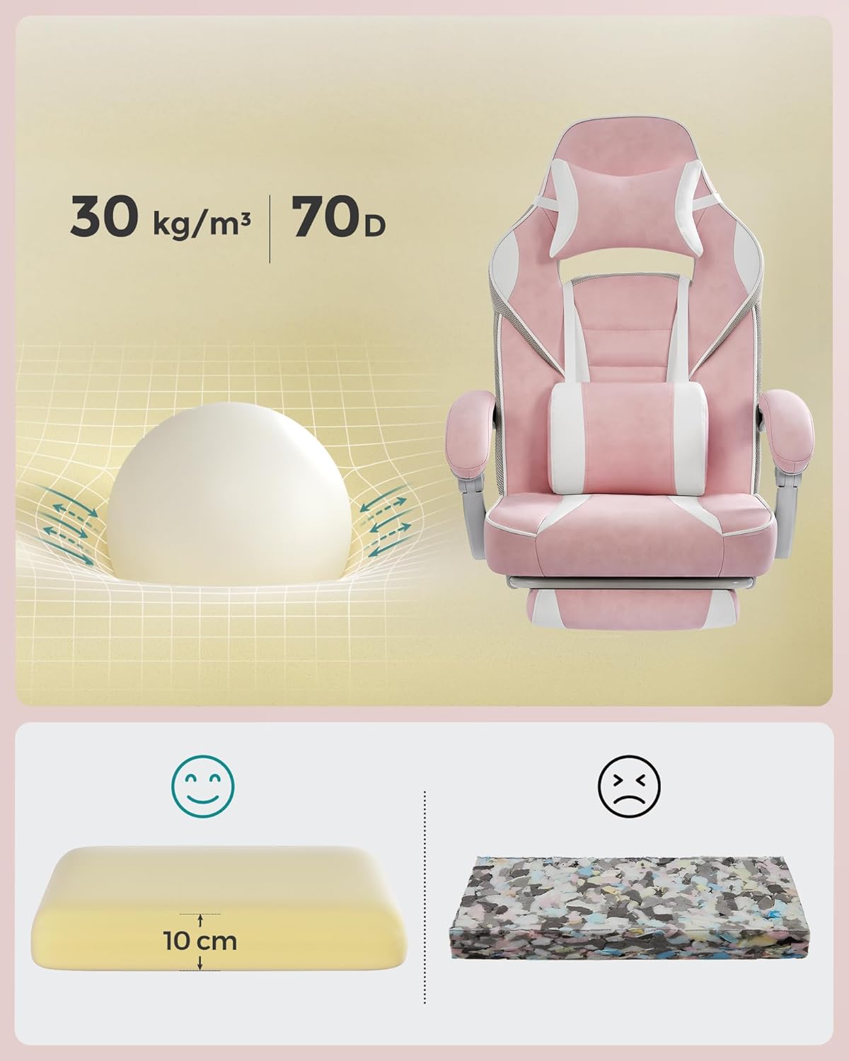 Bureaustoel - racestoel - gamestoel / gamingstoel - met voetensteun - voor volwassenen - roze - OBG073P01 - Afbeelding 6