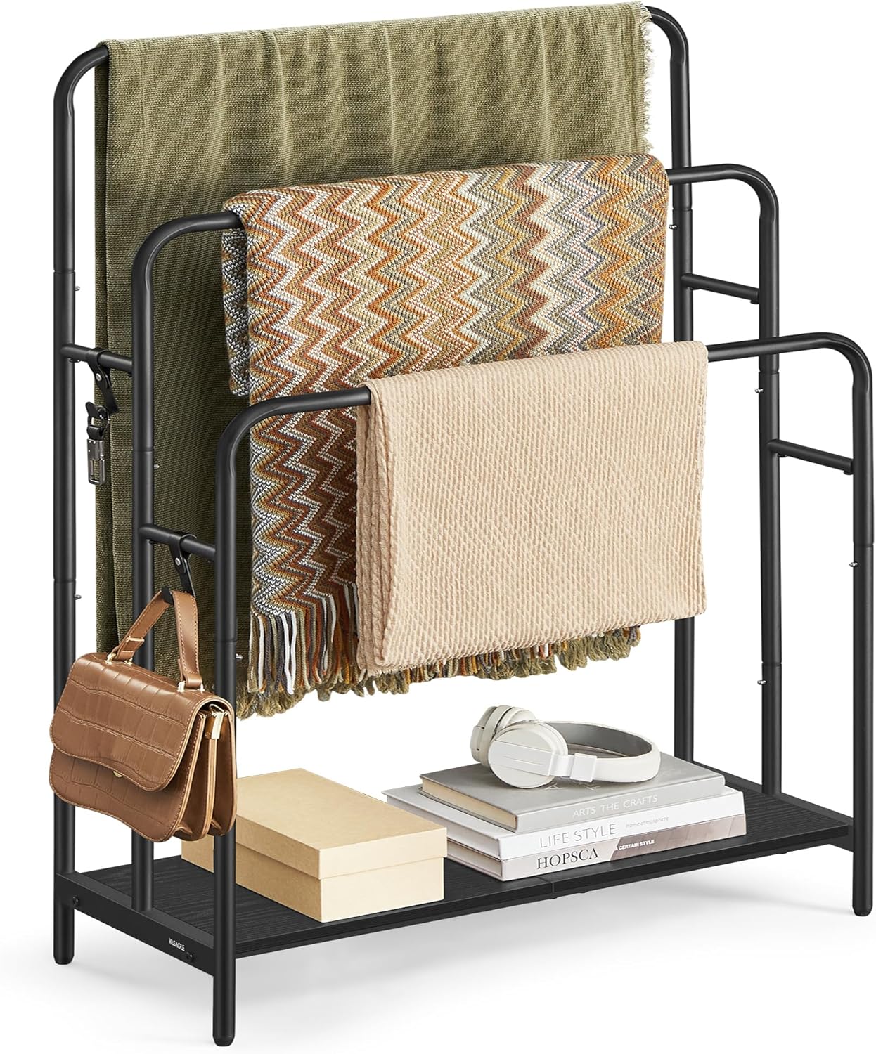 VASAGLE - staande handdoekhouder - 3 rails - 70 x 30 x 100 cm - 2 haken - badhanddoeken houder - zwart - LLS019B01