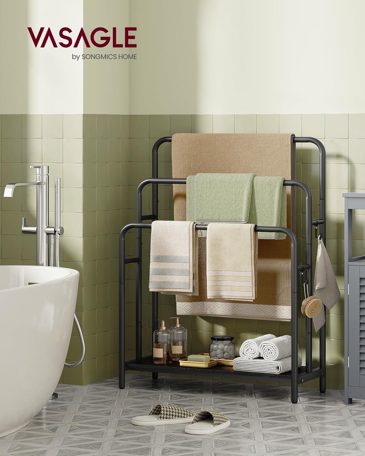 VASAGLE - staande handdoekhouder - 3 rails - 70 x 30 x 100 cm - 2 haken - badhanddoeken houder - zwart - LLS019B01 - Afbeelding 2