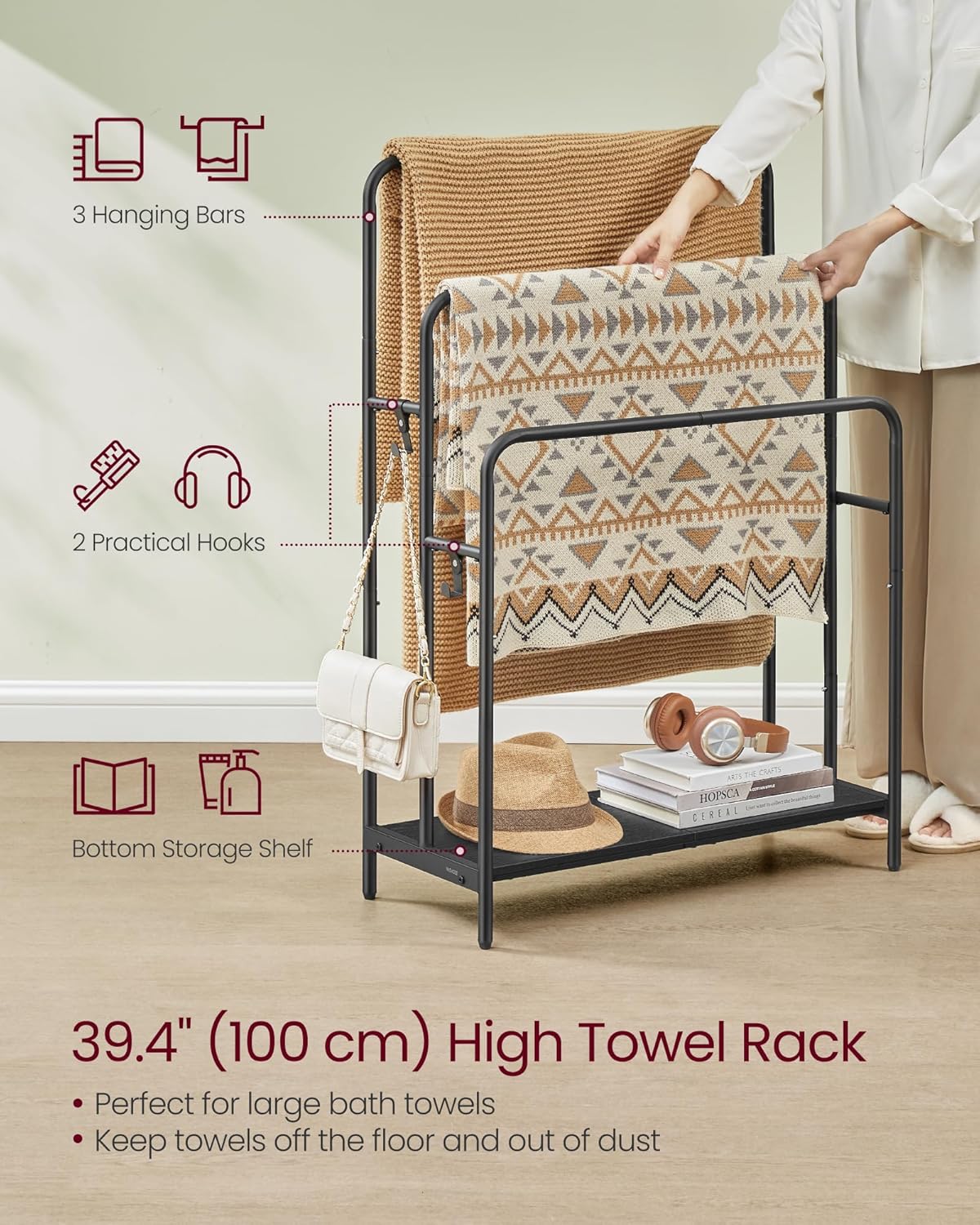 VASAGLE - staande handdoekhouder - 3 rails - 70 x 30 x 100 cm - 2 haken - badhanddoeken houder - zwart - LLS019B01 - Afbeelding 3