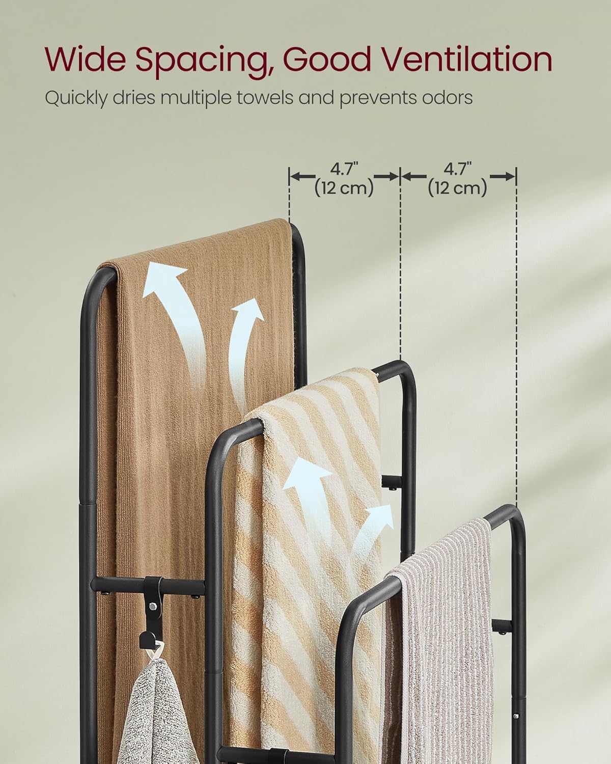 VASAGLE - staande handdoekhouder - 3 rails - 70 x 30 x 100 cm - 2 haken - badhanddoeken houder - zwart - LLS019B01 - Afbeelding 4