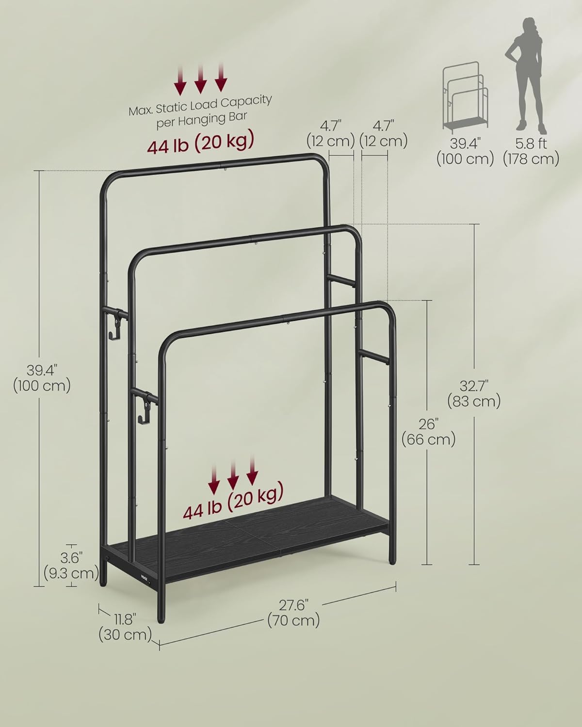 VASAGLE - staande handdoekhouder - 3 rails - 70 x 30 x 100 cm - 2 haken - badhanddoeken houder - zwart - LLS019B01 - Afbeelding 5