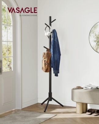 Vrijstaande kapstok - massief hout - 8 haken - 175 cm - voor kleding, hoeden, tassen, gang, entree - zwart - RCR004B01