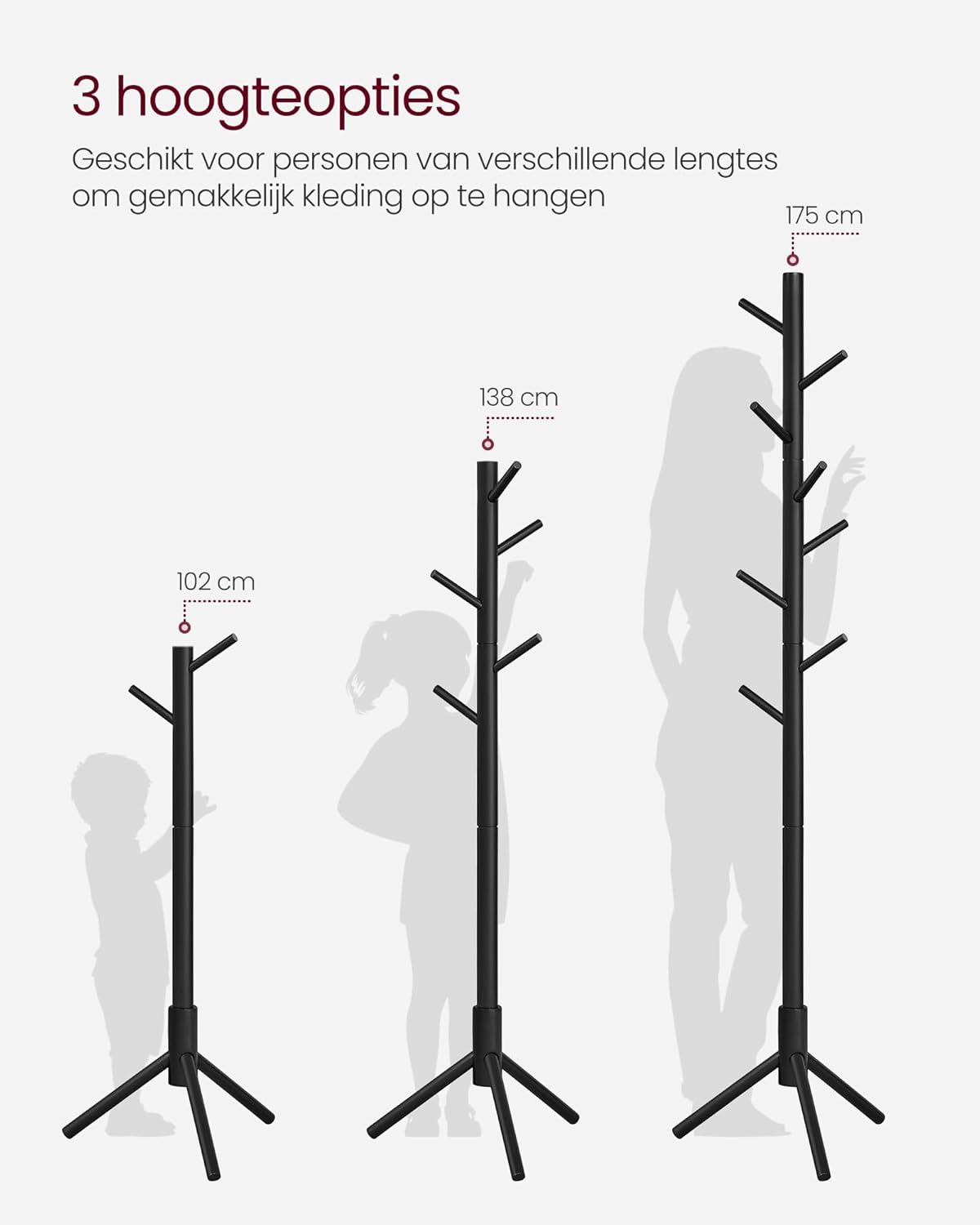 Vrijstaande kapstok - massief hout - 8 haken - 175 cm - voor kleding, hoeden, tassen, gang, entree - zwart - RCR004B01 - Afbeelding 4
