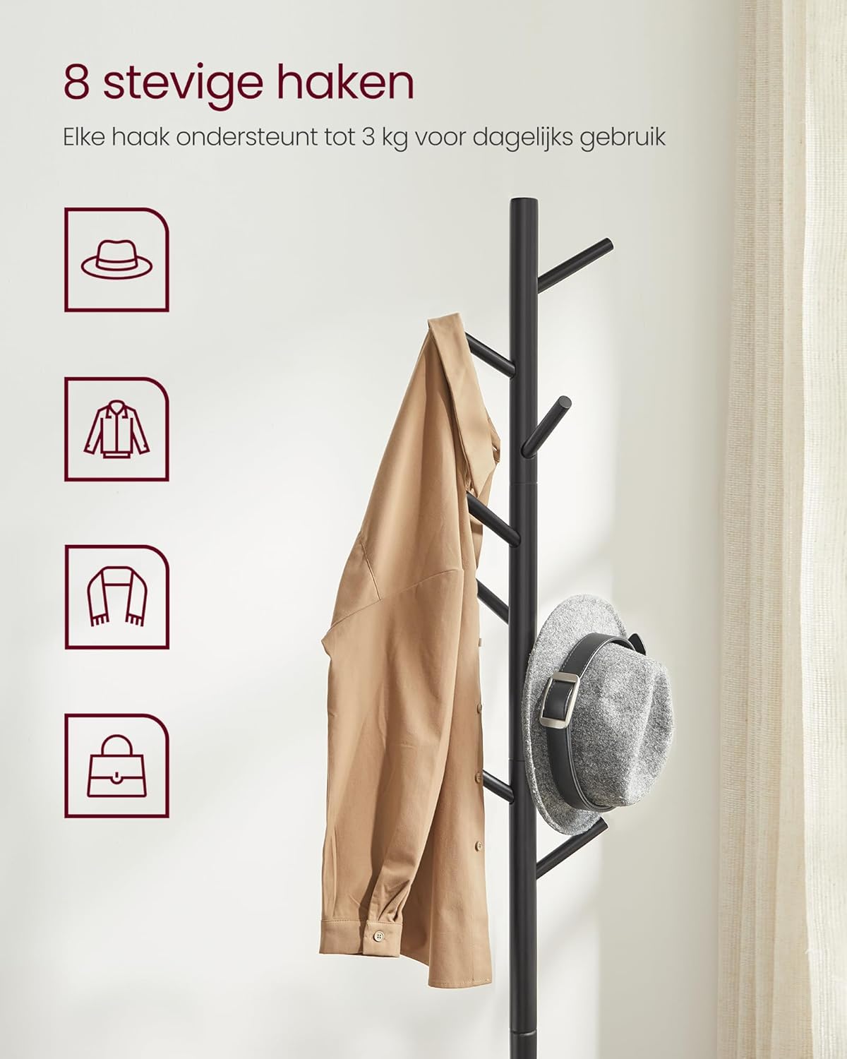 Vrijstaande kapstok - massief hout - 8 haken - 175 cm - voor kleding, hoeden, tassen, gang, entree - zwart - RCR004B01 - Afbeelding 5