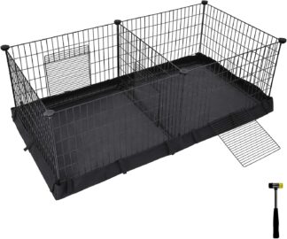 Dierenhok - dierenren voor kleine dieren - 123x63x46 cm - twee ruimtes - met stoffen vloer - voor hamsters, konijnen, cavia's - zwart - lpi07h