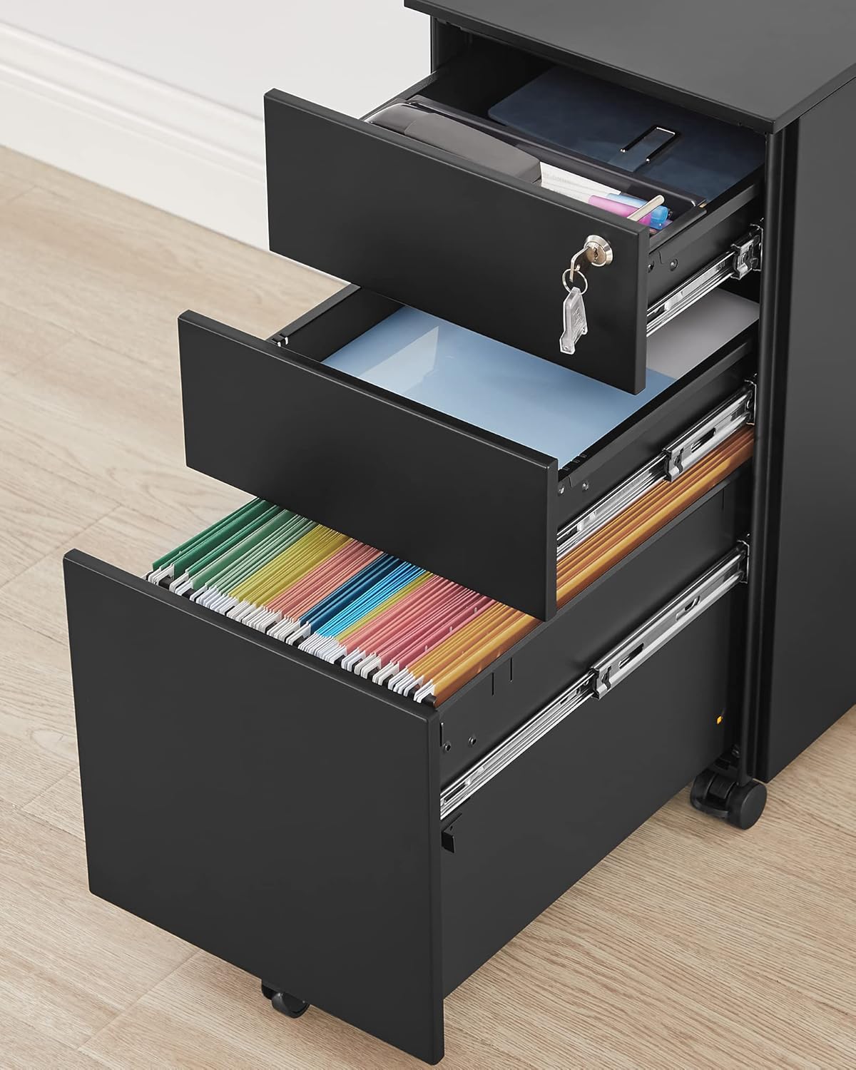 Ladeblok - archiefkast - 60 cm hoog - kantoorkast met wielen - slot - voor documenten en hangmappen - zwart - OFC031B01 - Afbeelding 7