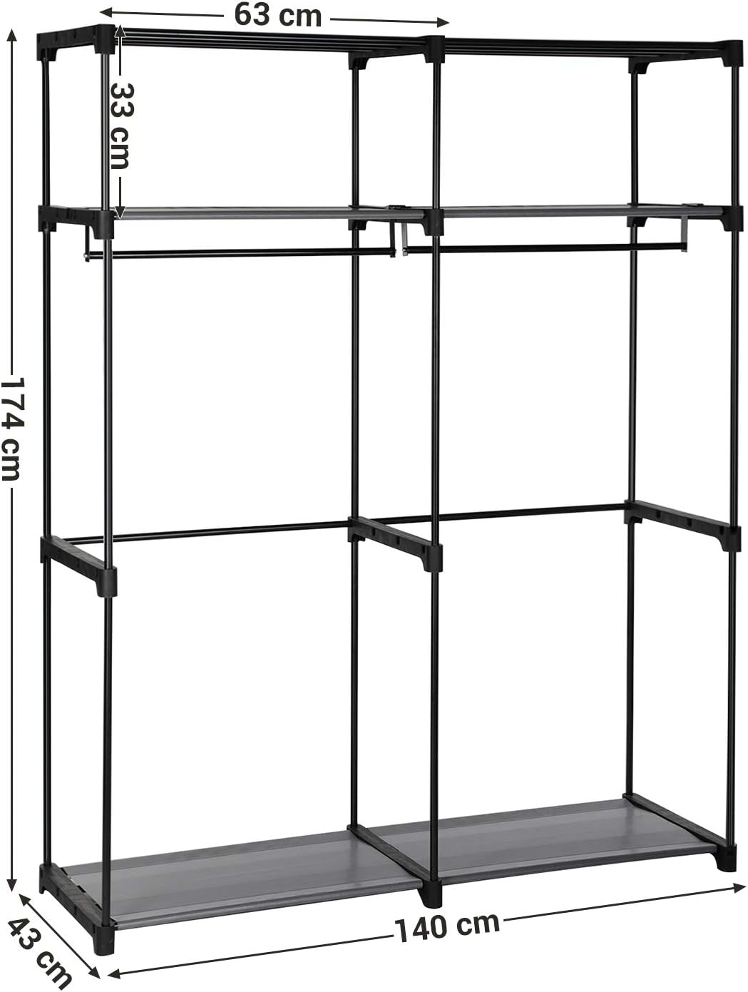 Open kledingkast - kledingrek - 43x138x182 cm - kapstokmeubel - zwart - RYG025R02
