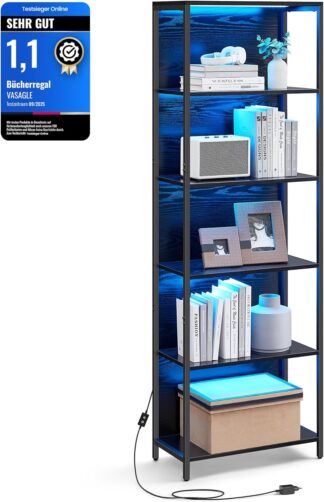 Boekenkast - opbergkast -6 niveaus - LED-verlichting - hoogte 178.6 cm - stalen frame - zwart - LLS120B57