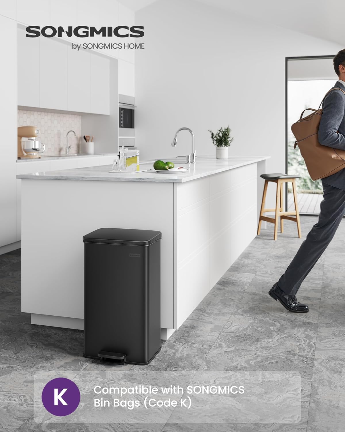 SONGMICS prullenbak 40 liter - afvalbak - afvalemmer - softclose -zwart - LTB540B4002 - Afbeelding 3