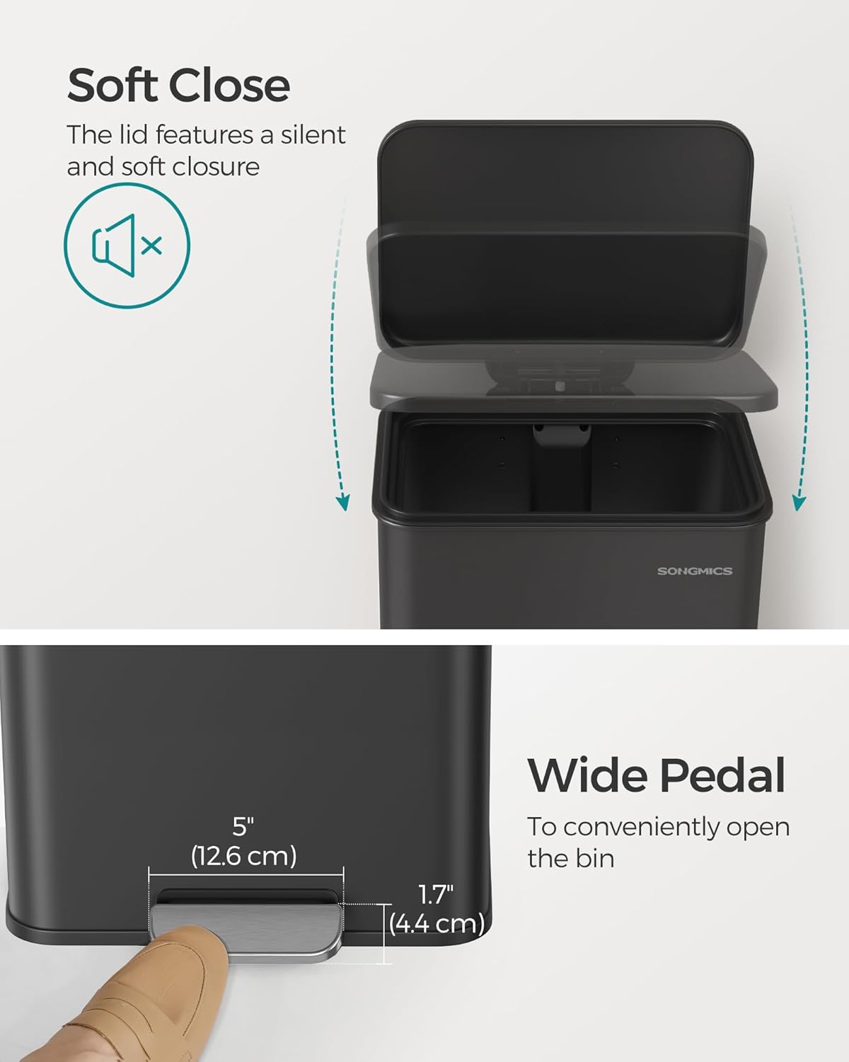 SONGMICS prullenbak 40 liter - afvalbak - afvalemmer - softclose -zwart - LTB540B4002 - Afbeelding 6