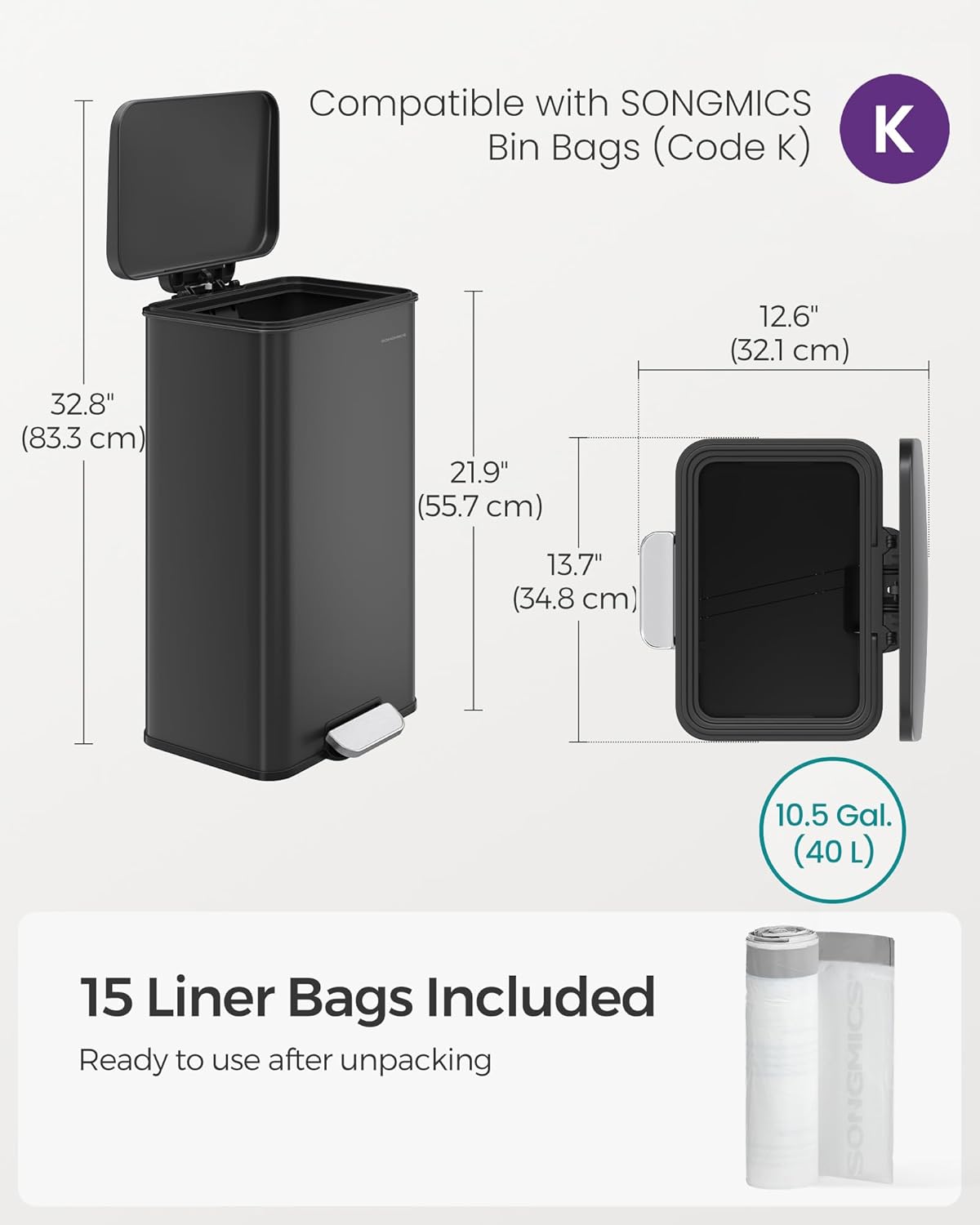 SONGMICS prullenbak 40 liter - afvalbak - afvalemmer - softclose -zwart - LTB540B4002 - Afbeelding 7