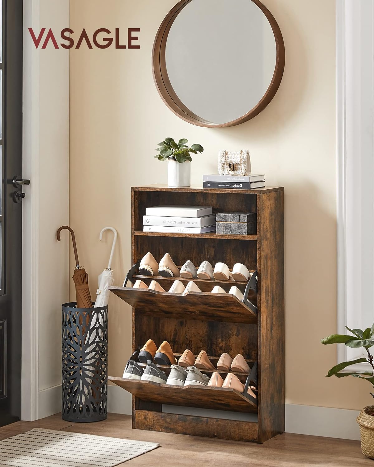 Schoenenkast met 2 deuren - hoogte 102 cm - schoenenrek met verstelbare scheidingswand - voor 8-12 paar schoenen - bruin - LBC040X01 - Afbeelding 2