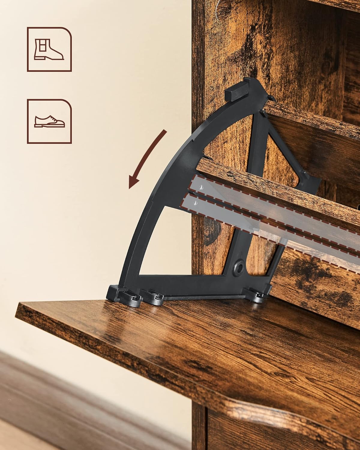 Schoenenkast met 2 deuren - hoogte 102 cm - schoenenrek met verstelbare scheidingswand - voor 8-12 paar schoenen - bruin - LBC040X01 - Afbeelding 7