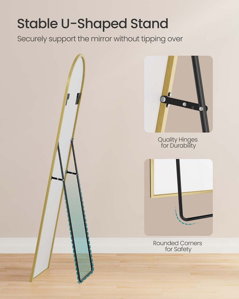 Staande spiegel - 160 cm hoog - volledige lengte spiegel - gebogen - aluminium frame en gehard glas - goud - LFM031A01 - Afbeelding 4