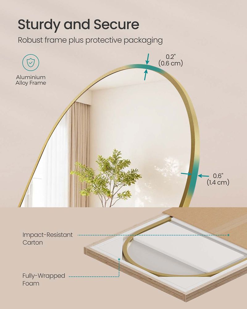 Staande spiegel - 160 cm hoog - volledige lengte spiegel - gebogen - aluminium frame en gehard glas - goud - LFM031A01 - Afbeelding 5