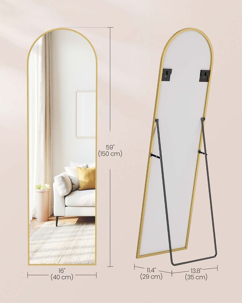 Staande spiegel - 160 cm hoog - volledige lengte spiegel - gebogen - aluminium frame en gehard glas - goud - LFM031A01 - Afbeelding 6