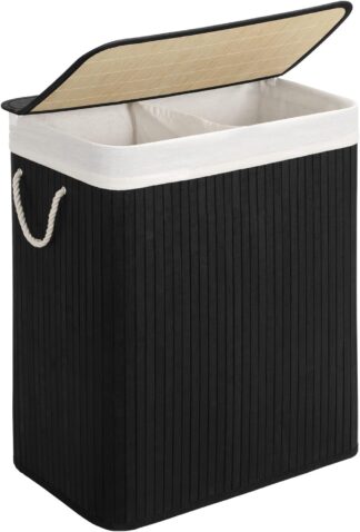 Wasmand van bamboe - 100 liter - hoogte 60 cm - twee compartimenten - zwart - LCB64BK