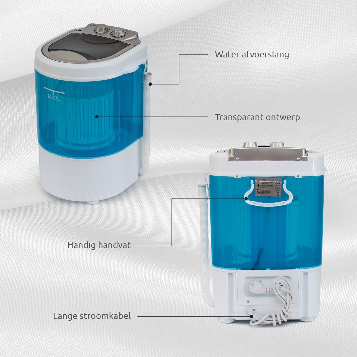 Mini / kleine wasmachine - camping wasmachine - voor studenten en kleine ruimtes - compacte wasmachine met centrifuge - energiezuinig - maximaal 3kg was - Afbeelding 3