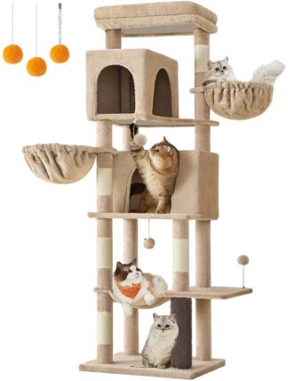 Krabpaal XXL - 206 cm hoog - grote kattenboom - 13 krabzuilen, 2 platforms, 2 holletjes, mand, hangmat, pluche ballen - meerlaagse kattenkrabpaal - zwart - PCT190K01