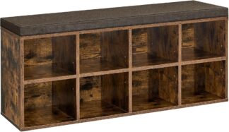 Schoenenbank - schoenrek - schoenorganizer - 116 cm lang - met kussen - met 8 vakken en 4 verstelbare planken -,hout - vintage bruin-grijs