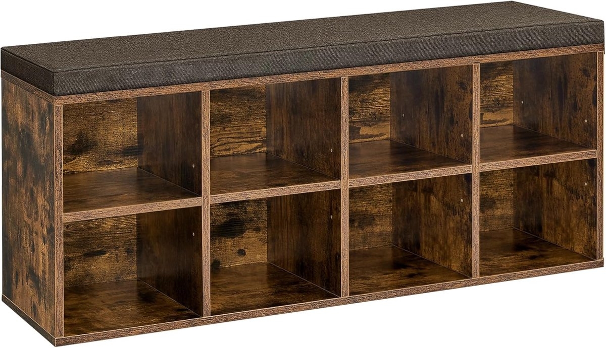 Schoenenbank - schoenrek - schoenorganizer - 116 cm lang - met kussen - met 8 vakken en 4 verstelbare planken -,hout - vintage bruin-grijs