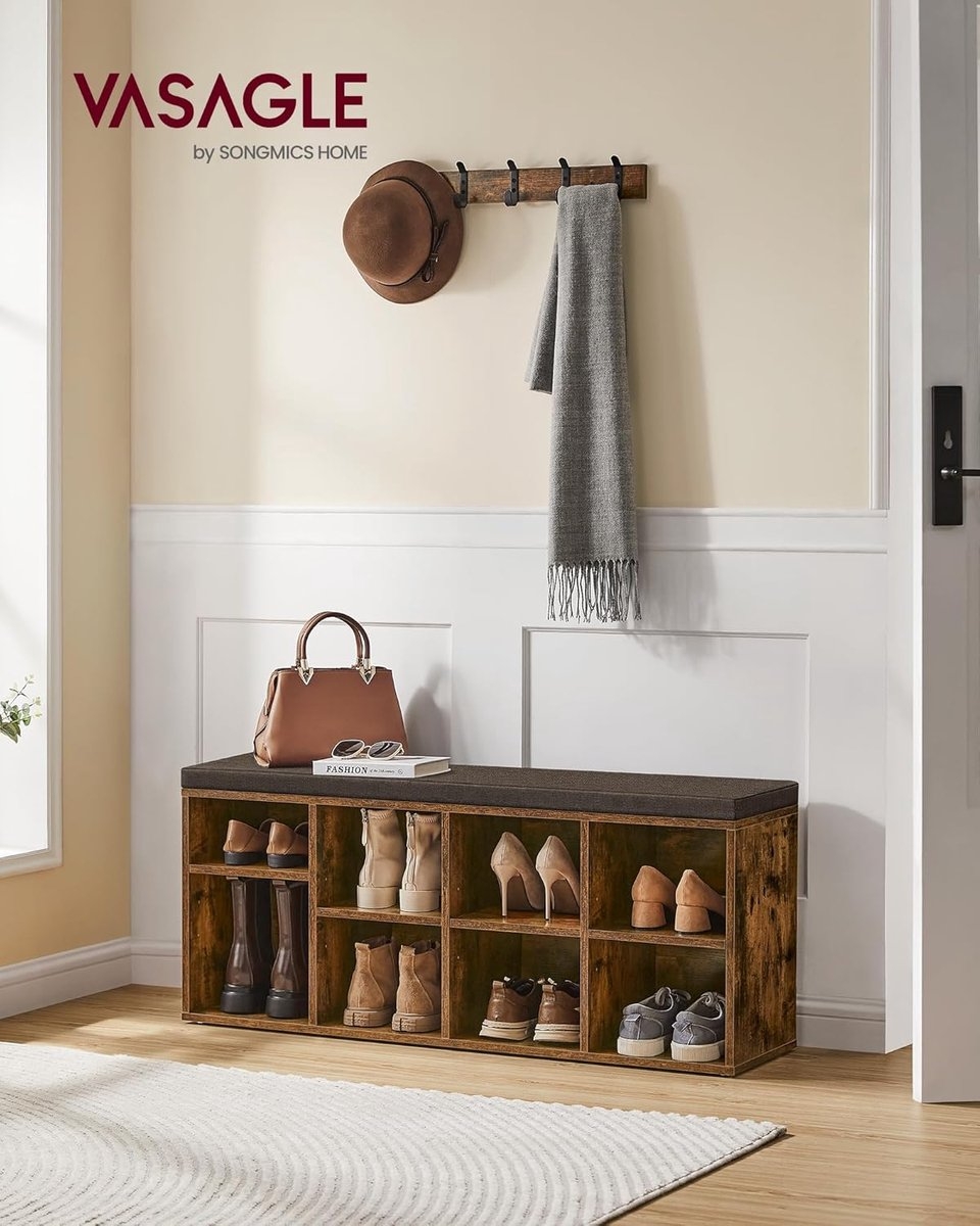 Schoenenbank - schoenrek - schoenorganizer - 116 cm lang - met kussen - met 8 vakken en 4 verstelbare planken -,hout - vintage bruin-grijs - Afbeelding 2