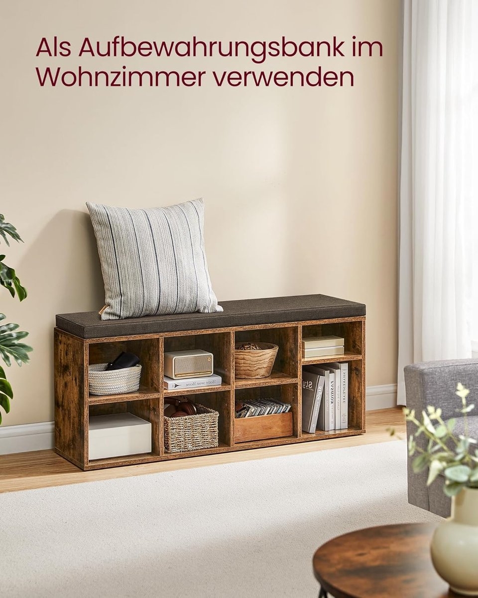 Schoenenbank - schoenrek - schoenorganizer - 116 cm lang - met kussen - met 8 vakken en 4 verstelbare planken -,hout - vintage bruin-grijs - Afbeelding 3