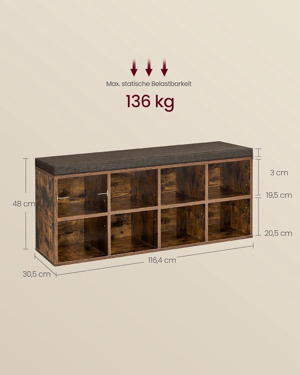 Schoenenbank - schoenrek - schoenorganizer - 116 cm lang - met kussen - met 8 vakken en 4 verstelbare planken -,hout - vintage bruin-grijs - Afbeelding 4