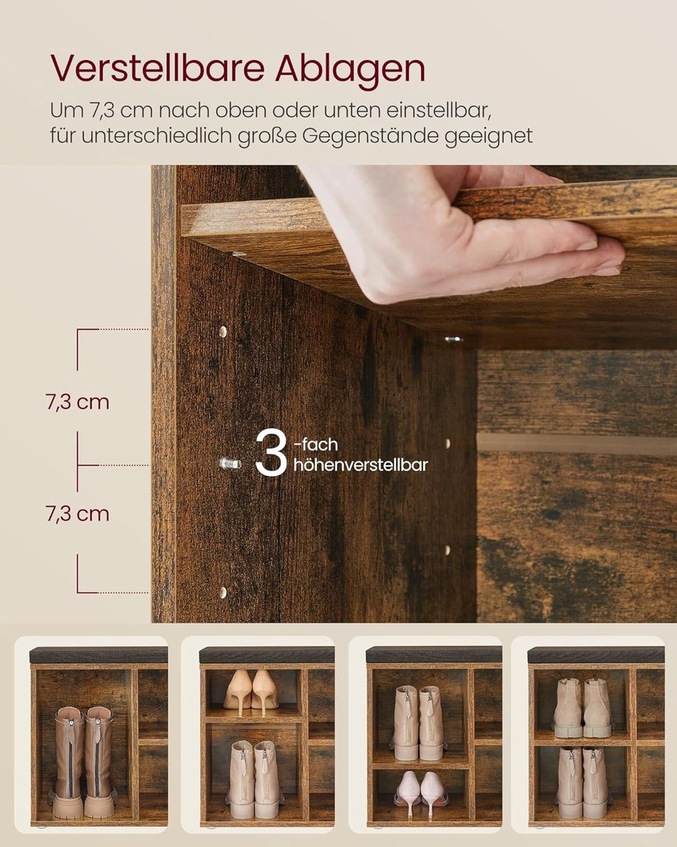 Schoenenbank - schoenrek - schoenorganizer - 116 cm lang - met kussen - met 8 vakken en 4 verstelbare planken -,hout - vintage bruin-grijs - Afbeelding 6