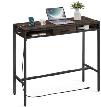 Bartafel - stabureau - dressoir - hoge tafel met opbergruimte - keukentafel - multifunctionele tafel - lengte 120 cm - hoogte 104.6 cm - met lade en opbergvakken - USB lader en stopcontact - hout met metaal - bruin met zwart -