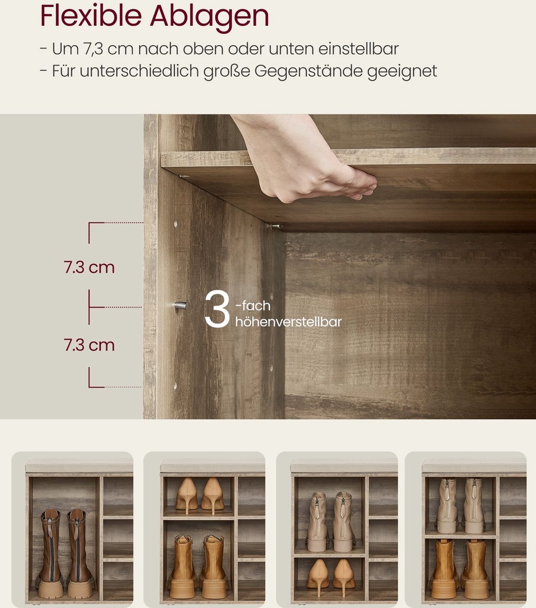 Schoenenbank - Opbergbank - Halorganisator - lengte 104 cm - met zitkussen - 10 vakken - bruin - LHS010K02 - Afbeelding 3