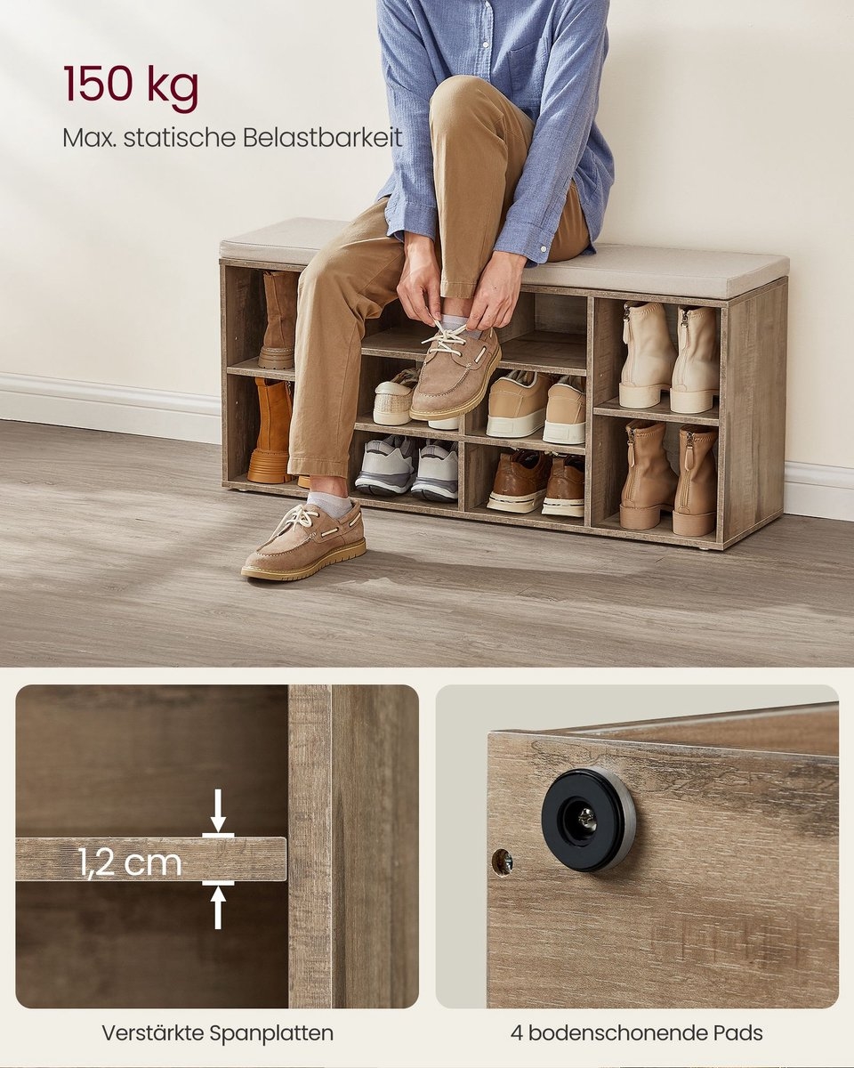 Schoenenbank - Opbergbank - Halorganisator - lengte 104 cm - met zitkussen - 10 vakken - bruin - LHS010K02 - Afbeelding 4