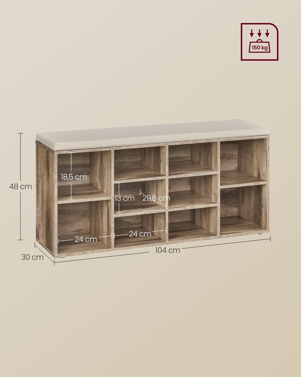 Schoenenbank - Opbergbank - Halorganisator - lengte 104 cm - met zitkussen - 10 vakken - bruin - LHS010K02 - Afbeelding 6