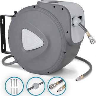 Tresko - persluchtslang met haspel - 20 meter - draaibaar - max 18 bar - grijs