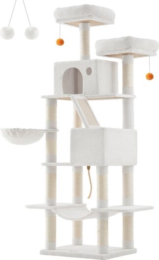 Krabpaal XXL - 206 cm hoog - grote kattenboom - 13 krabzuilen, 2 platforms, 2 holletjes, mand, hangmat, pluche ballen - meerlaagse kattenkrabpaal - wit - PCT190T01