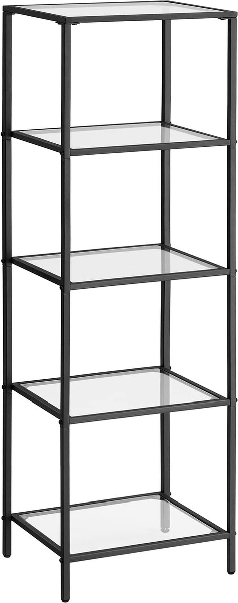 Staande kast - boekenkast badkamerkast - kamerkast - hoogte 125 cm - 5 niveaus - glas met metaal - zwart - LGT029B61