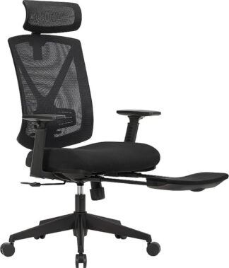 Ergonomische bureaustoel met voetenbankje - met lendensteun en verstelbare hoofdsteun - armleuningen - hoogteverstelling en kantelfunctie - max 150 Kg - Zwart - OBN61BK