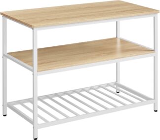 Keukeneiland met groot werkblad 120x60 cm - hoogte 90 cm - keukenrek met 3 niveaus - stalen frame - eiken en wit - KKI001W09