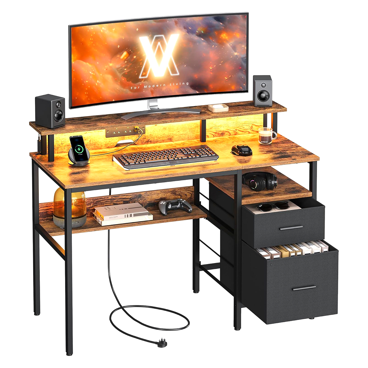 Bureau - gaming bureau 120x55 cm - met laden - monitor standaard - LED Verlichting en ingebouwde stopcontacten - 2 USB Poorten - bruin - LWD093K01